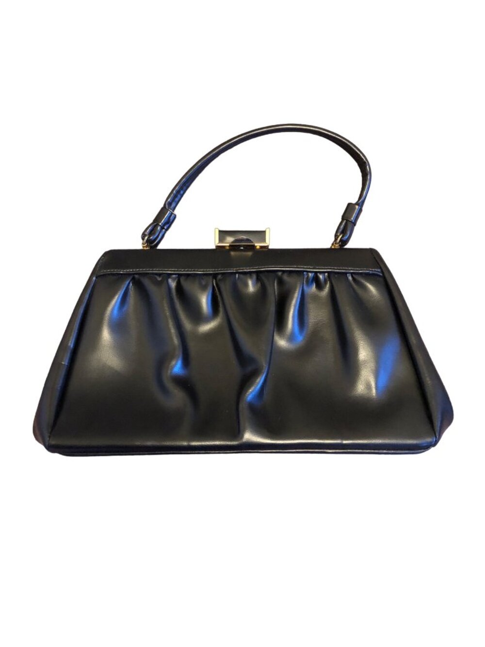 Vintage Stylemark Solid Black Ruched Body With Gold Metal Clasp Handbag